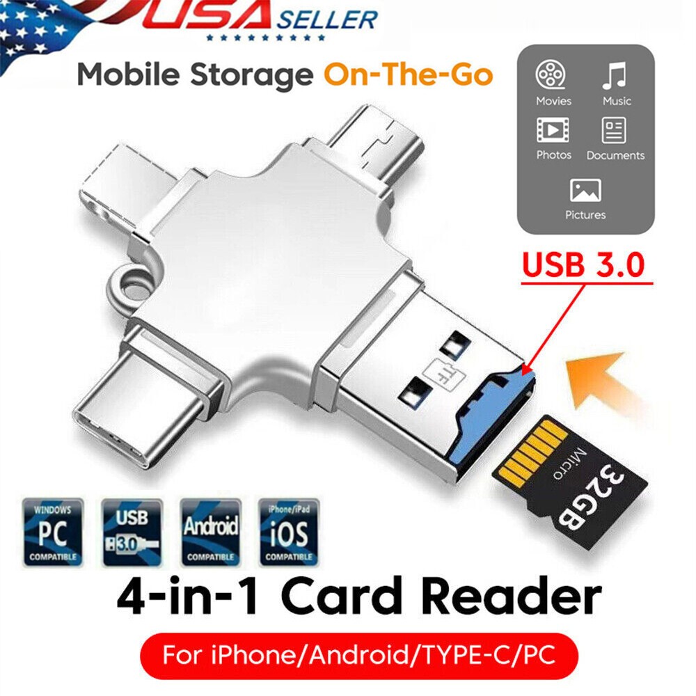 4 in 1 OTG Card Reader USB Micro TF Memory Card Adapter For iPhone Android PC US