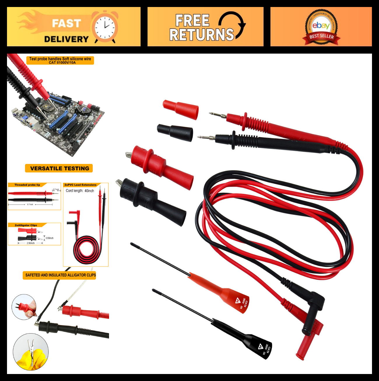 15-Piece Test Lead Set for Digital Multimeters & Clamp Meters, Alligator Clips,