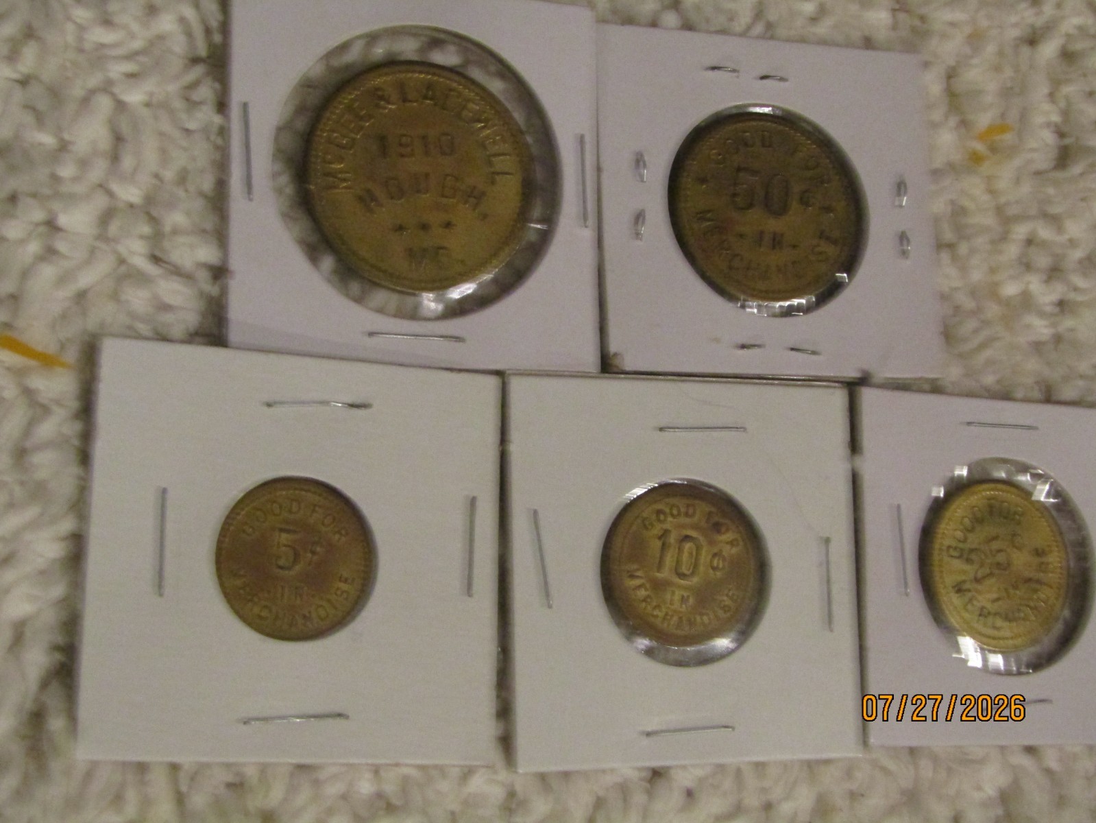 Antique McGee & Lacewell Hough MO 1910 5 Token Coins New Madrid 1 .50 .25 .10 5