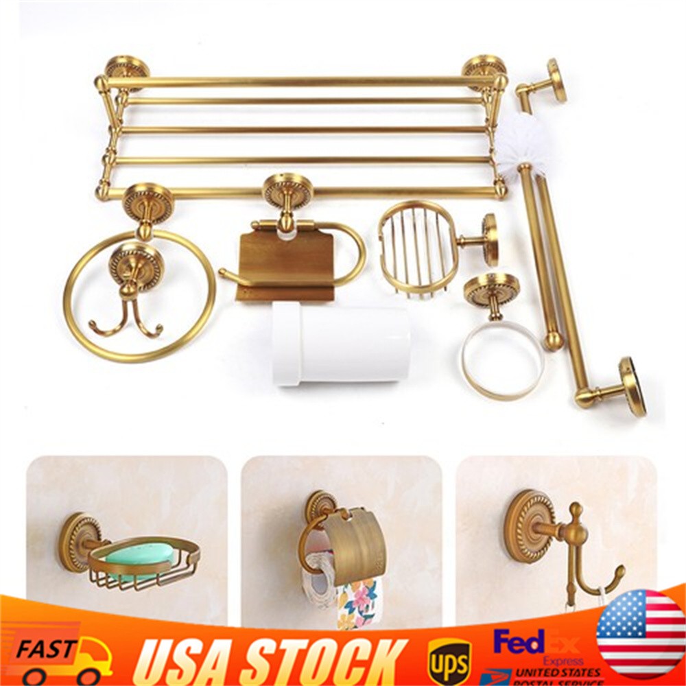 7Pcs Antique Bathroom Accessories Restroom Hardware Carved Brass Towel Bar