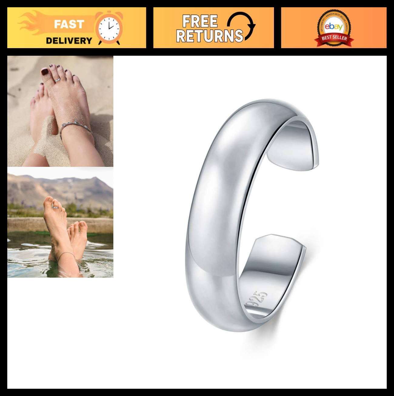 Sterling Silver Toe Rings - Waterproof 14K Gold Plated Band Ring for Women, 2mm-