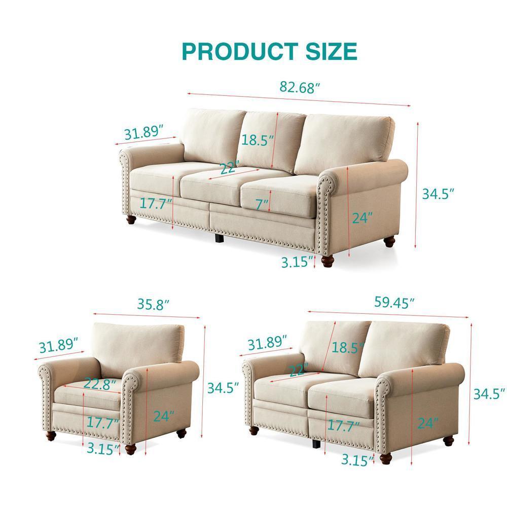 Easy Assembly Linen Fabric Upholstery with Storage Sofa Beige Furniture