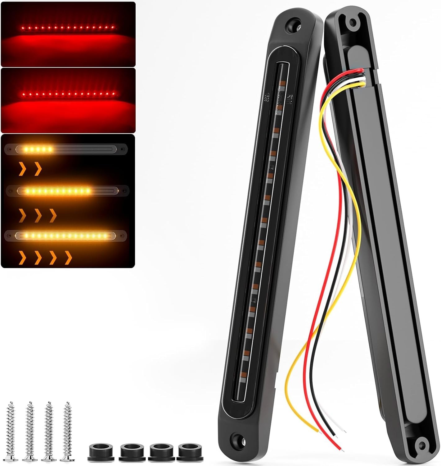 PSEQT 10" LED Trailer Tail Light Bar Brake Stop Turn Signal Lights Red&Amber
