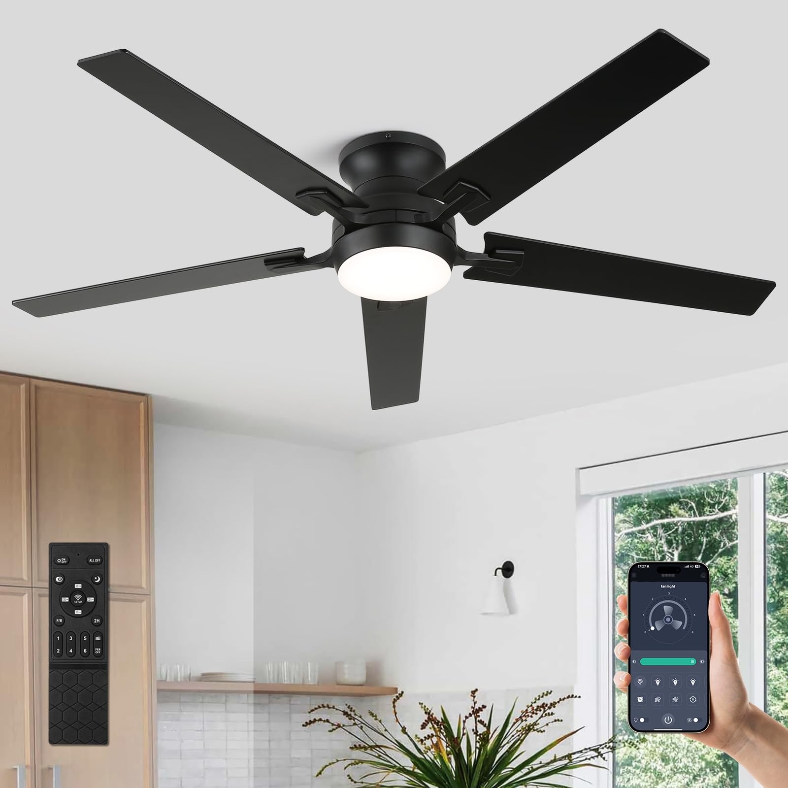 52 Inch Ceiling Fans with Lights and Remote Control, Low Profile Flush Mount,...