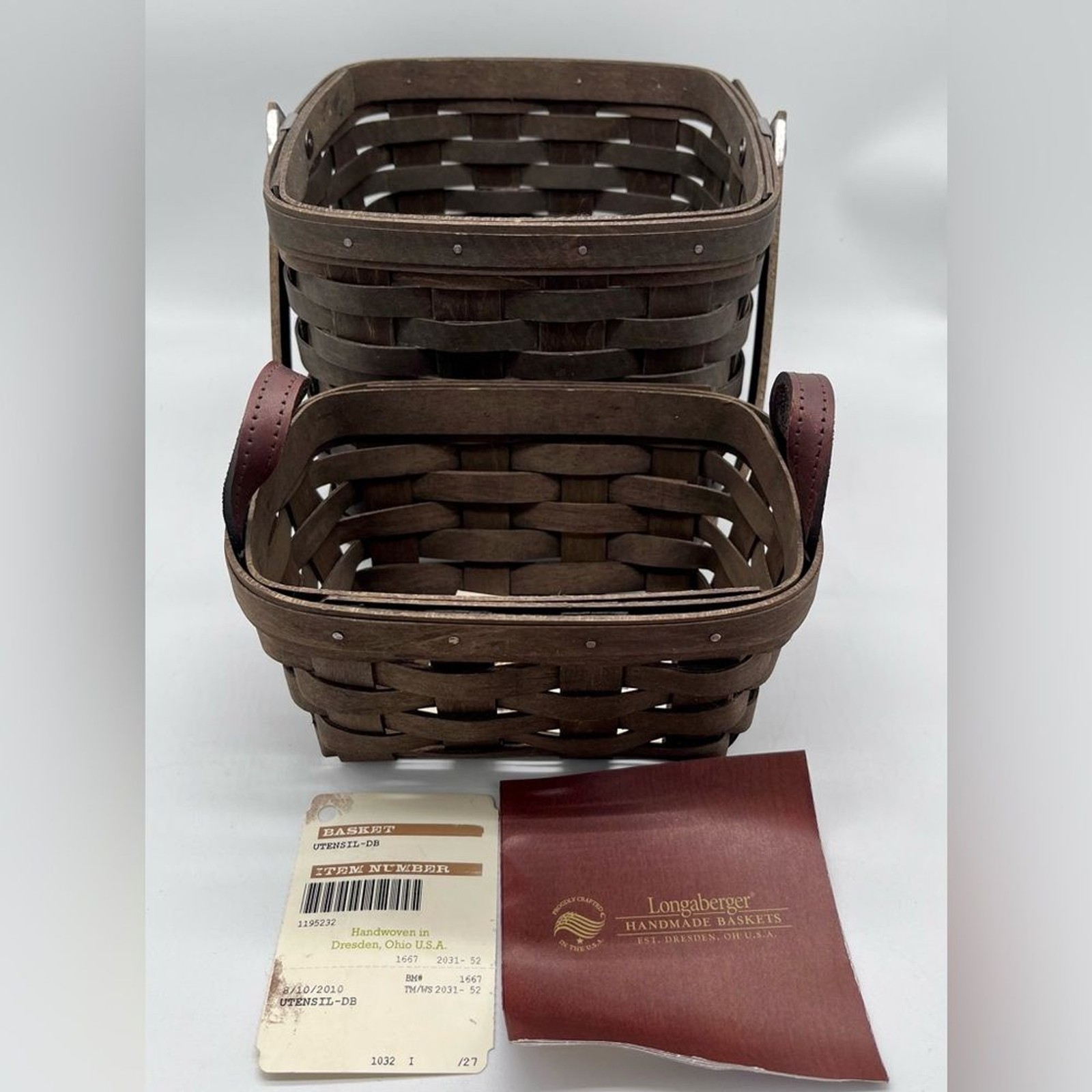 2 Longaberger Baskets Utensil Storage Basket Leather Handles DB Brown