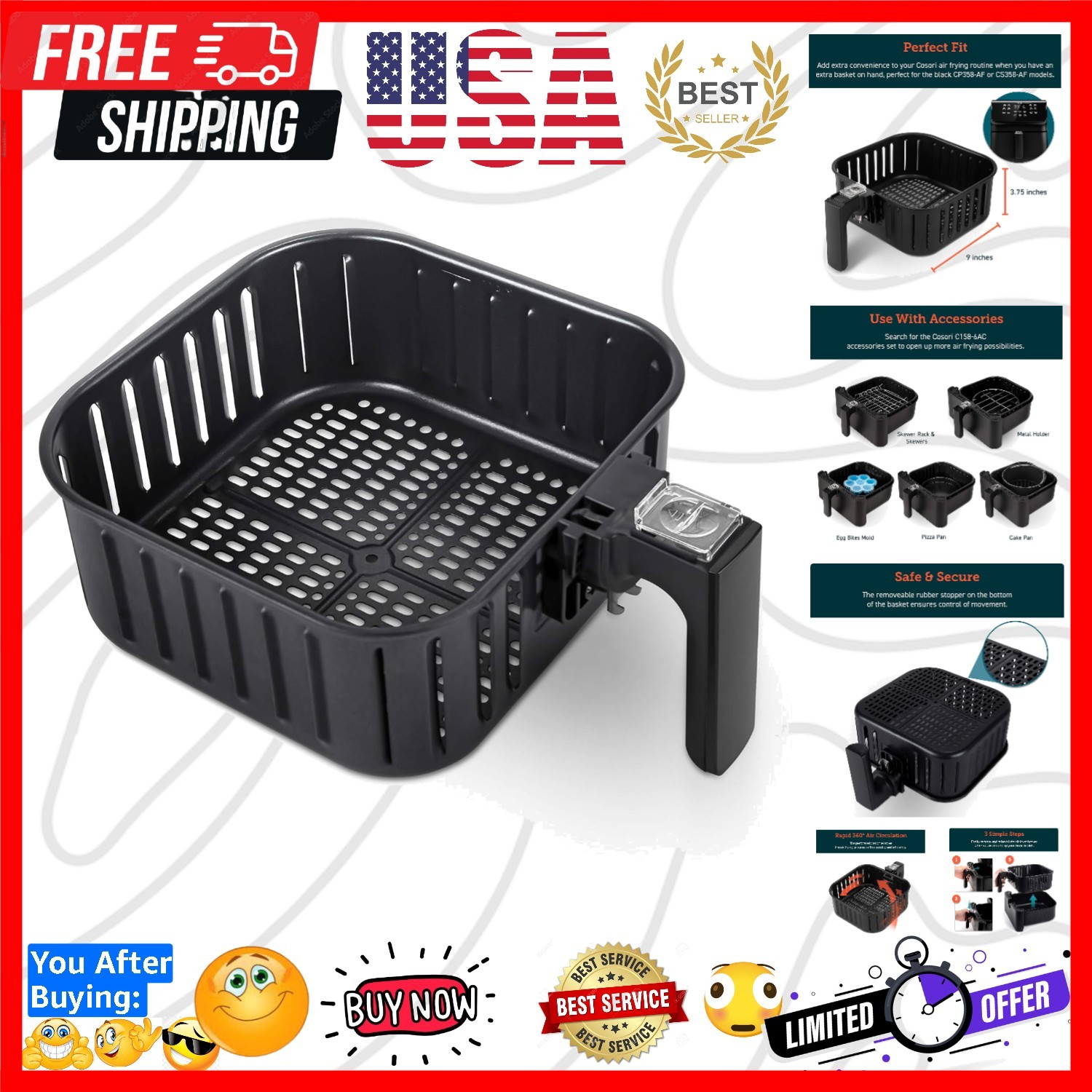 Air Fryer Accessories, Replacement 5.8QT  Basket For CP358-AF, CS358-AF Air F...