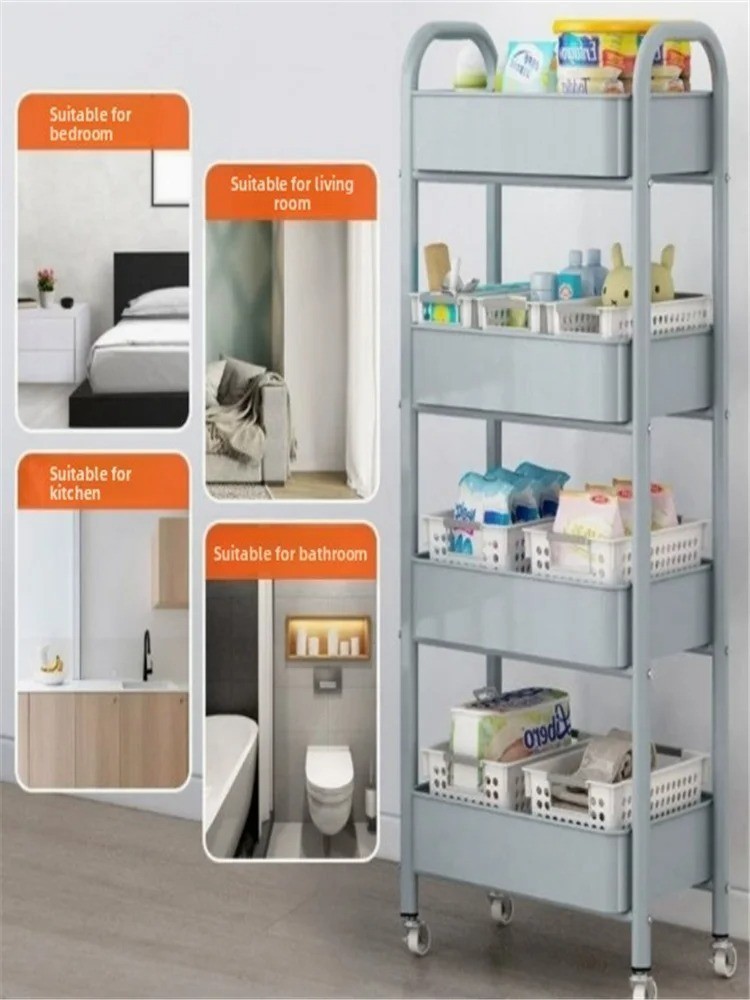 Floor-Standing Trolley with Handlebar Multi-Layer Storage Rack Kitchen Bathroom