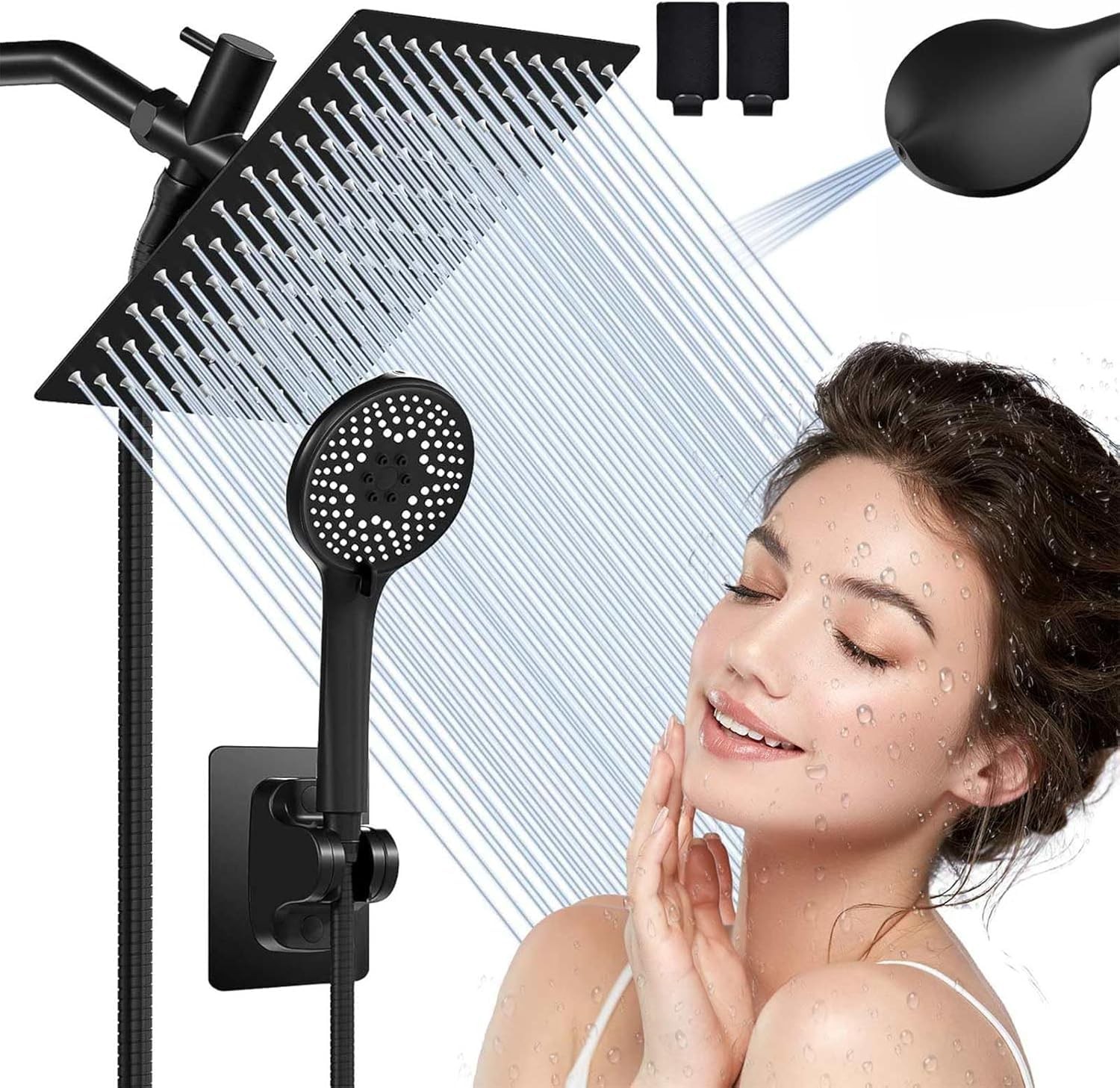 Dual Shower Head High Pressure Rain Handheld 10 Inch Matte Black 71 Inch Hose