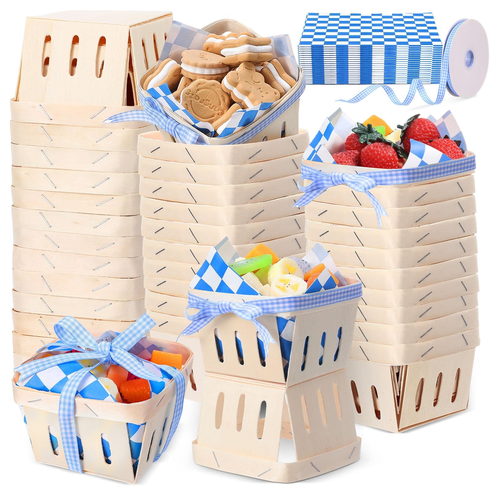 61 Pcs/30 Sets Pint Wood Berry Basket with Wax Paper Sheets Gingham Ribbon 4 ...