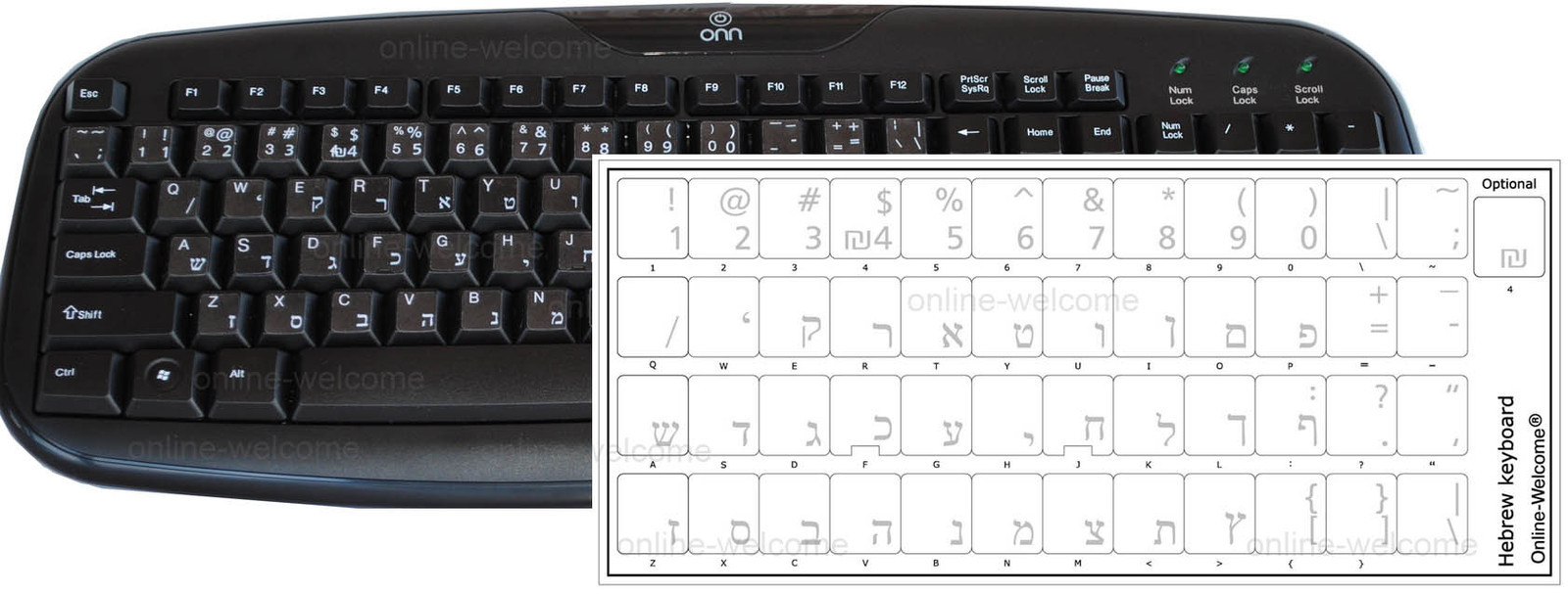 HEBREW KEYBOARD STICKER LABEL TRANSPARENT WHITE LETTERS ONLINE-WELCOME