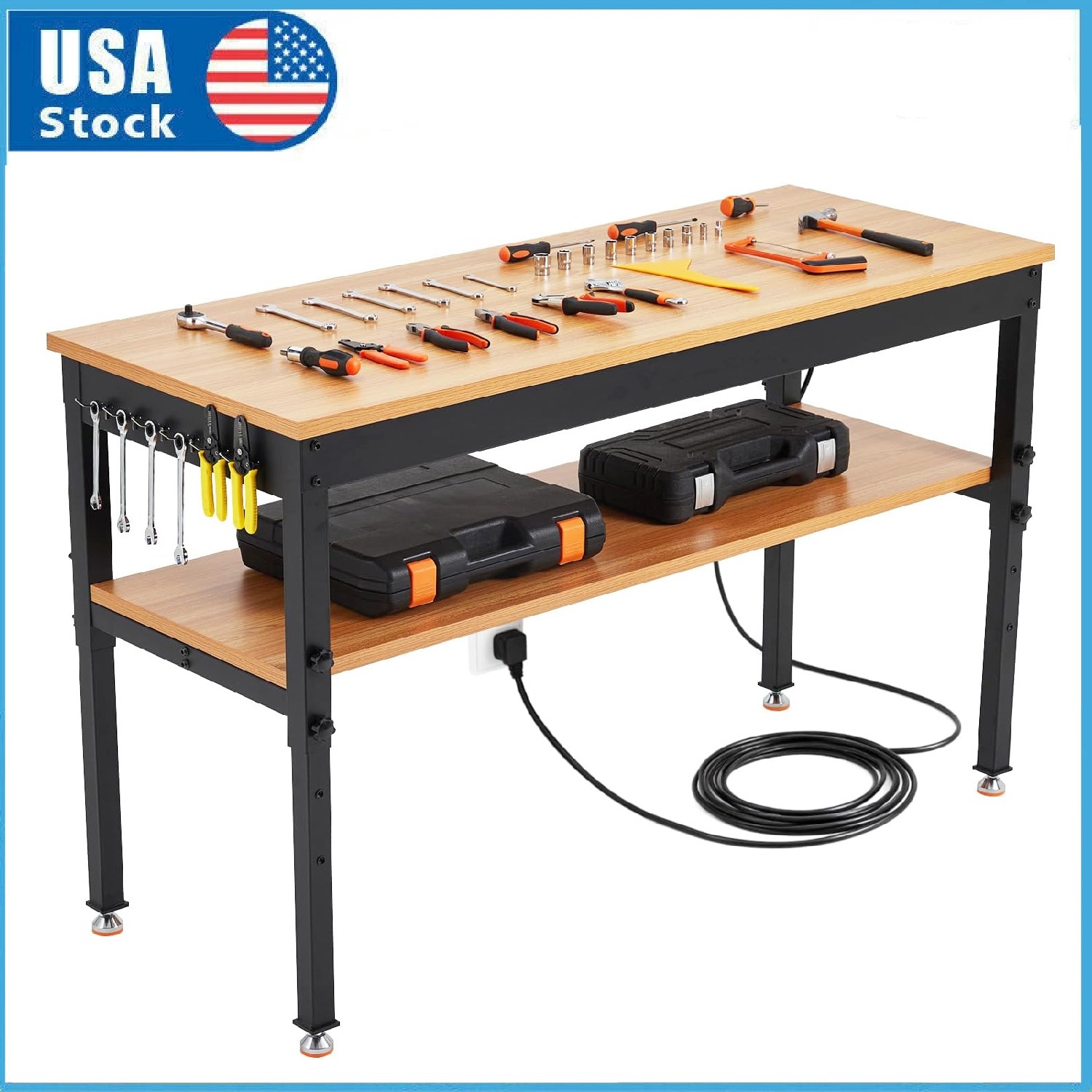 48" Workbench Adjustable Height Work Table 2500LBS Load Rubber Wood Top & Shelf