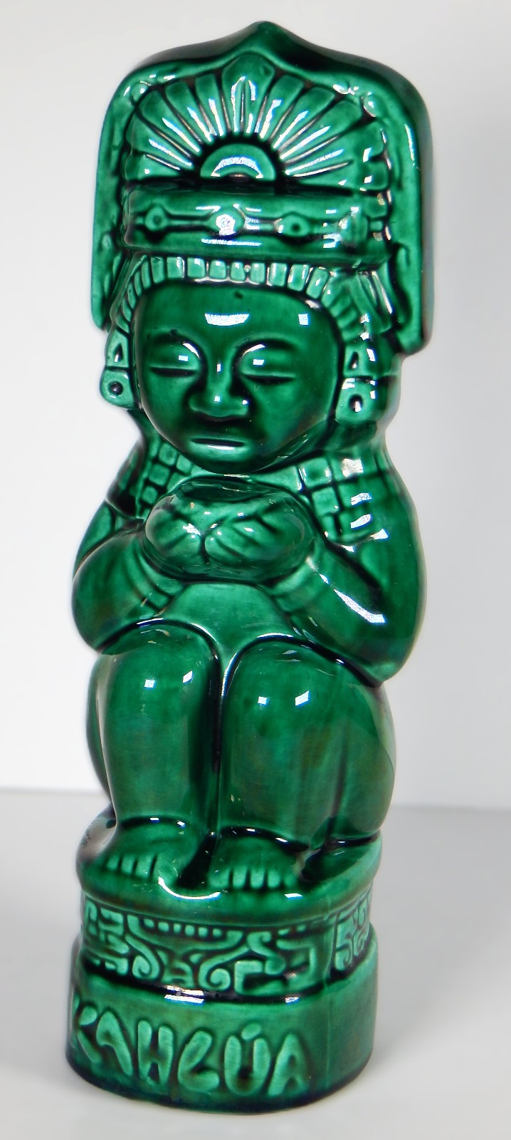 1937 AZTEC KAHLUA BOTTLE DECANTER HAND MADE CERAMIC GREEN TIKI K&B EMPTY LABEL