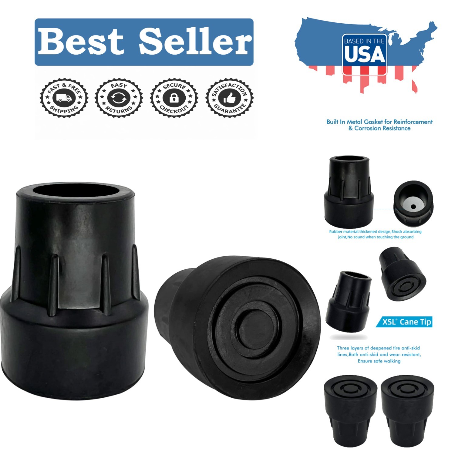 Cane Tip Replacement - 1 Inch Natural Rubber with Skid-Resistant Grip, Pack of 2