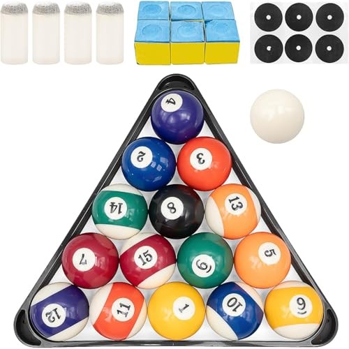 Billiard Pool Balls with Triangle Ball Rack, Cue Chalks, Table Spot Stickers &
