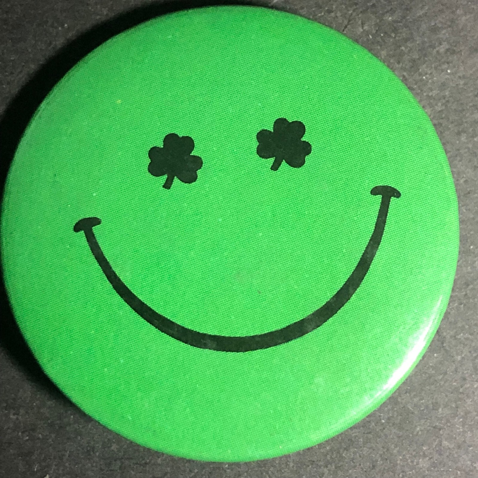 Green Smiley Face w/ Clover Eyes Vintage 1 1/2" Hallmark Pinback Button c1980's