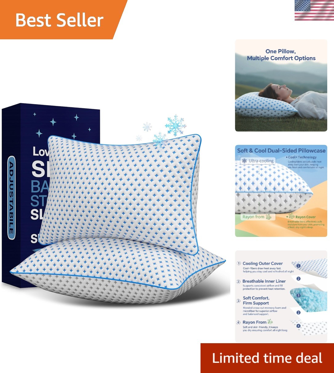 Memory Foam Pillows 2 Pack – Adjustable Loft Cooling Pillows King Size Set of 2