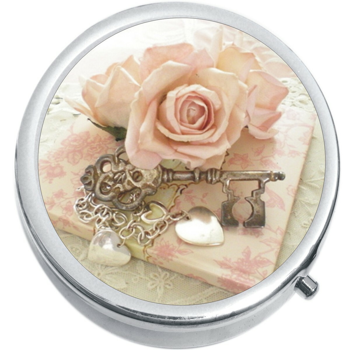 Pink Rose Vintage Key Medicine Vitamin Pill Box