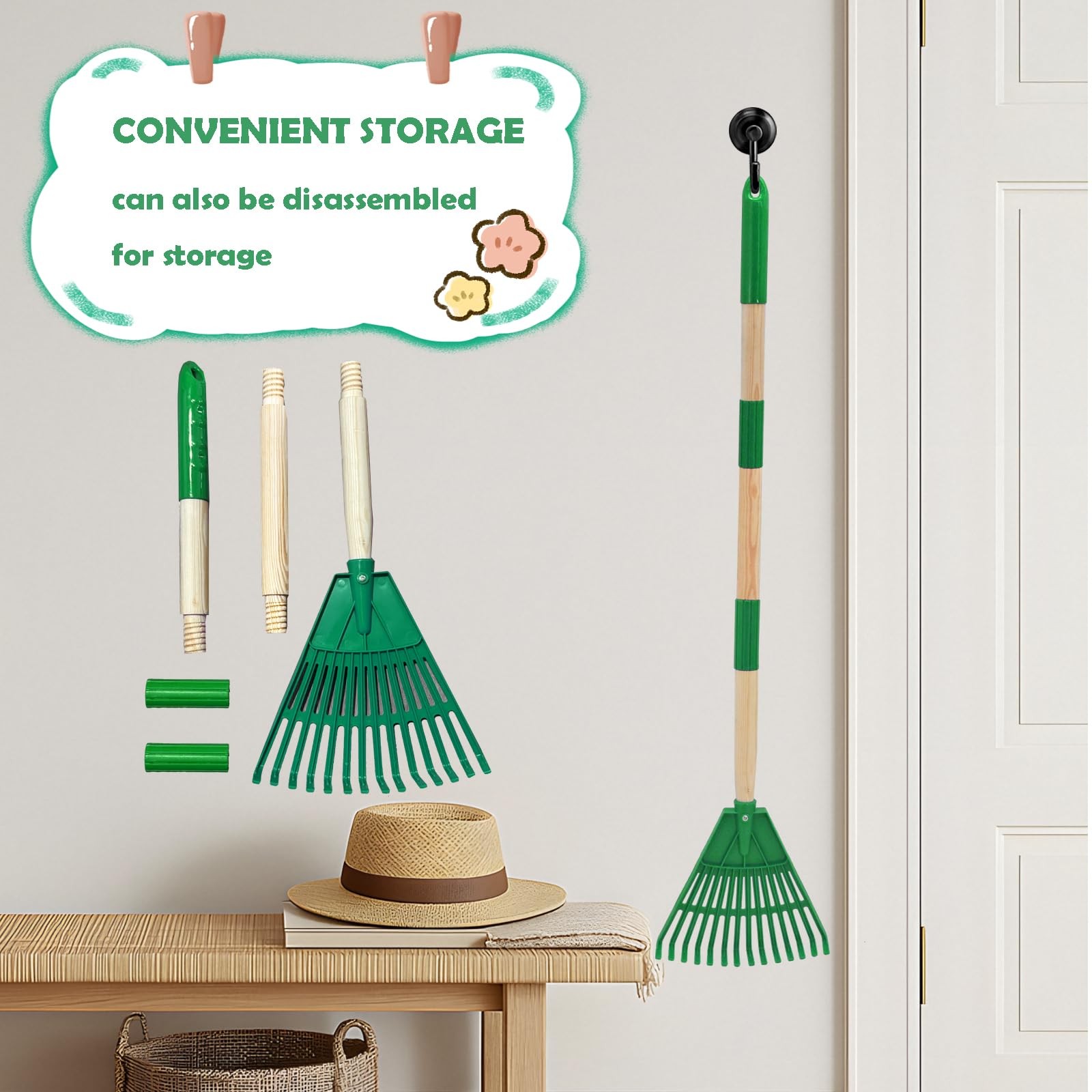 Green Kids Leaf Rake 3Section Adjustable Handle Lightweight Small Tool