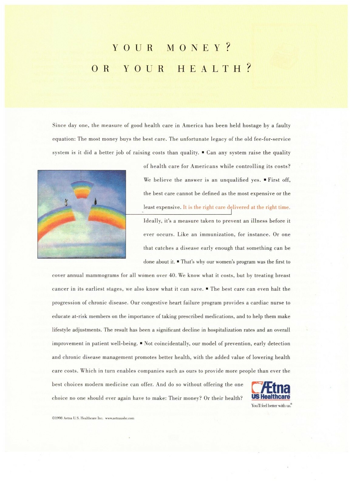1997 AEtna US Healthcare Piece of Rainbow Vintage Print Advertisement