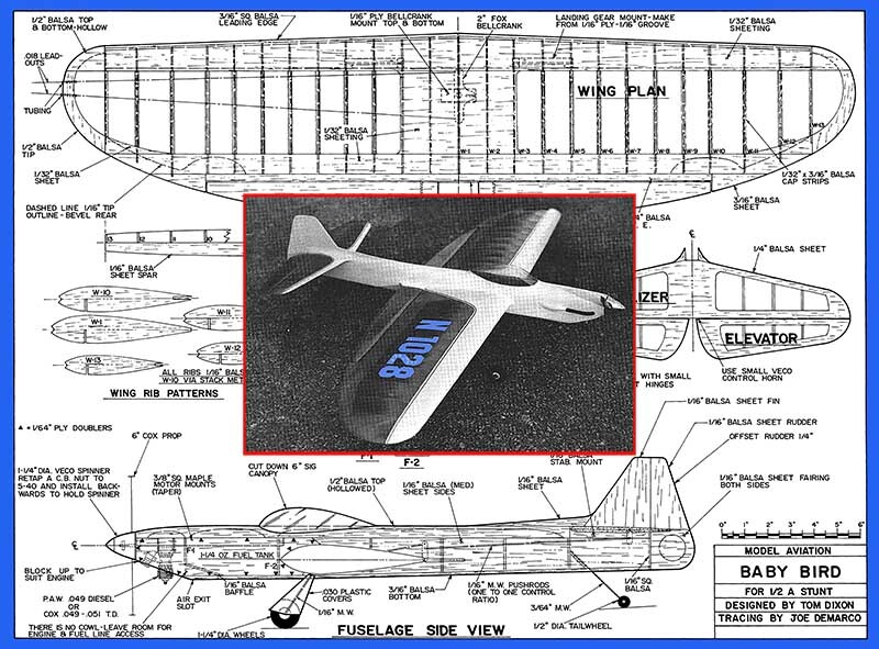 Model Airplane Plans (UC): Baby Bird 34" ½A Stunt Model by Tom Dixon
