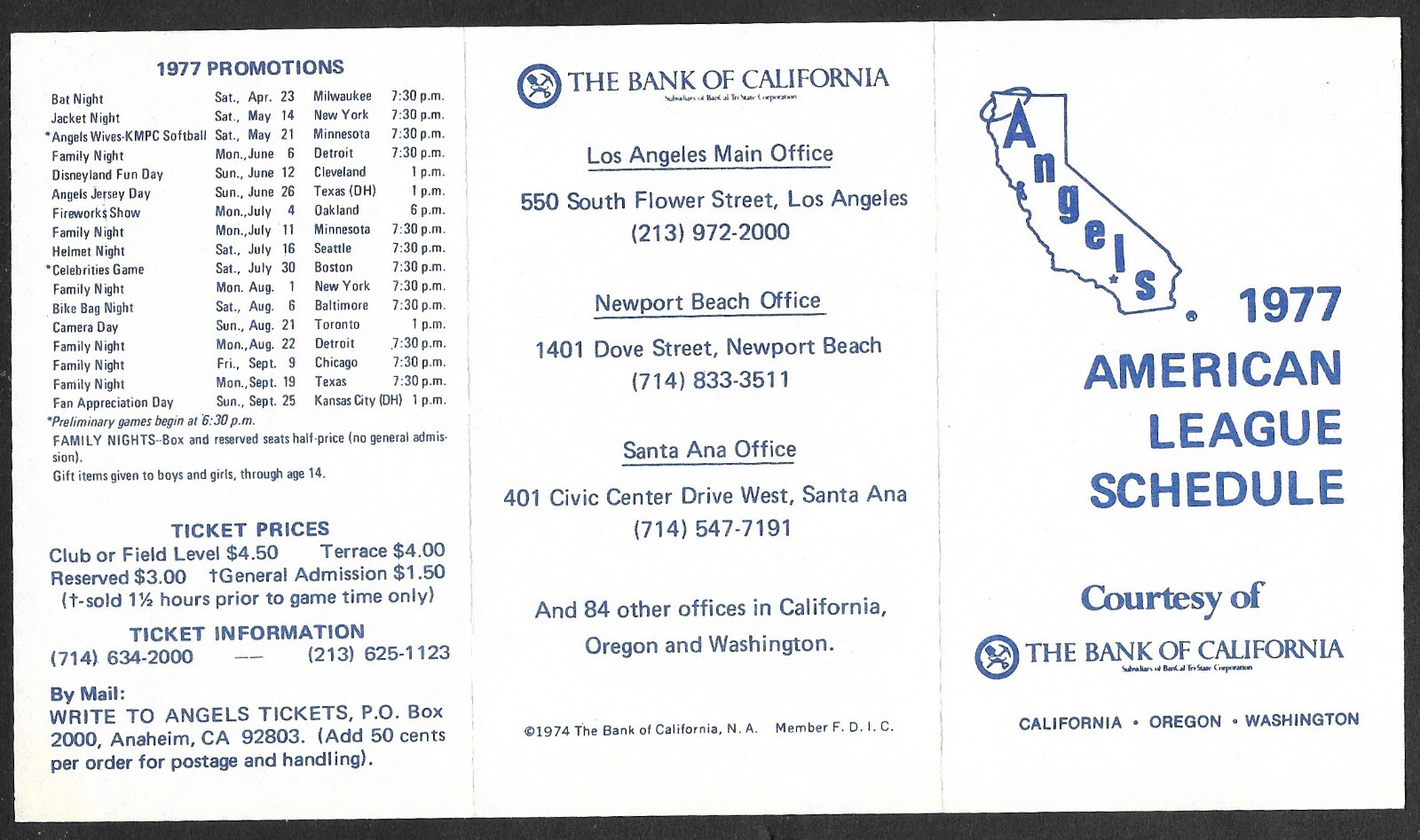 1977  ANGELS  Bank of California  Regular Season  POCKET SCHEDULE  NM-MINT