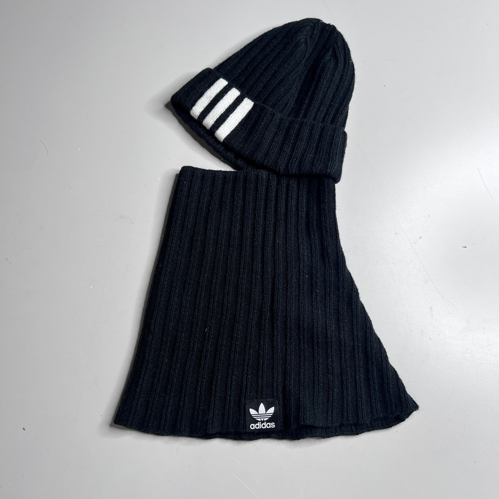 Adidas Originals Mens Black Ribbed Knit Beanie and Neck Warmer Set Trefoil Logo
