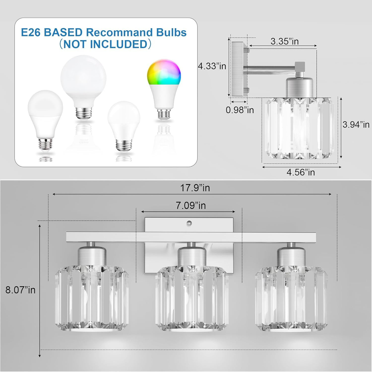 3-Light Bathroom Light Fixtures over Mirror, Brushed Nickel Crystal Wall Sconce