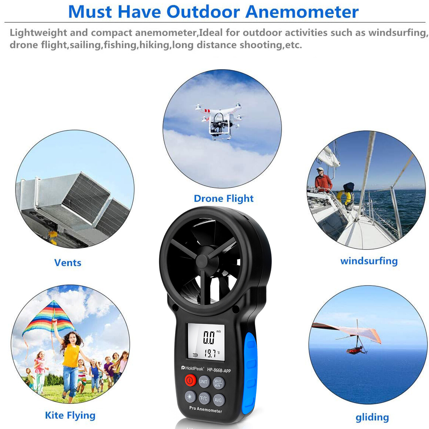 Anemometer Digital Wind Speed Meter Handheld Wireless Bluetooth Vane Air Tester