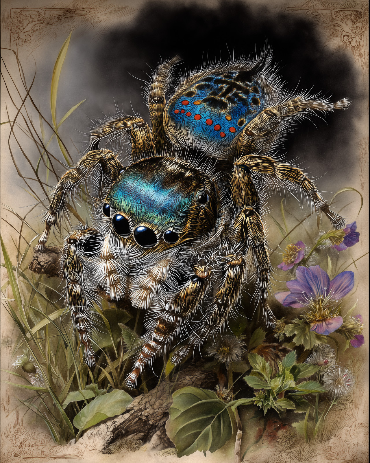 8x10 Jumping Spider macro, blue face, red markings - vintage sketch - 126686699