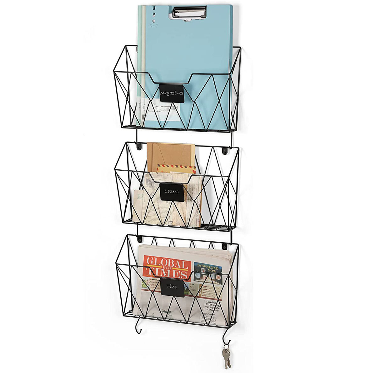3 Pockets Mail Organizer Wall Hanging File Organizer with Hooks for Office Home