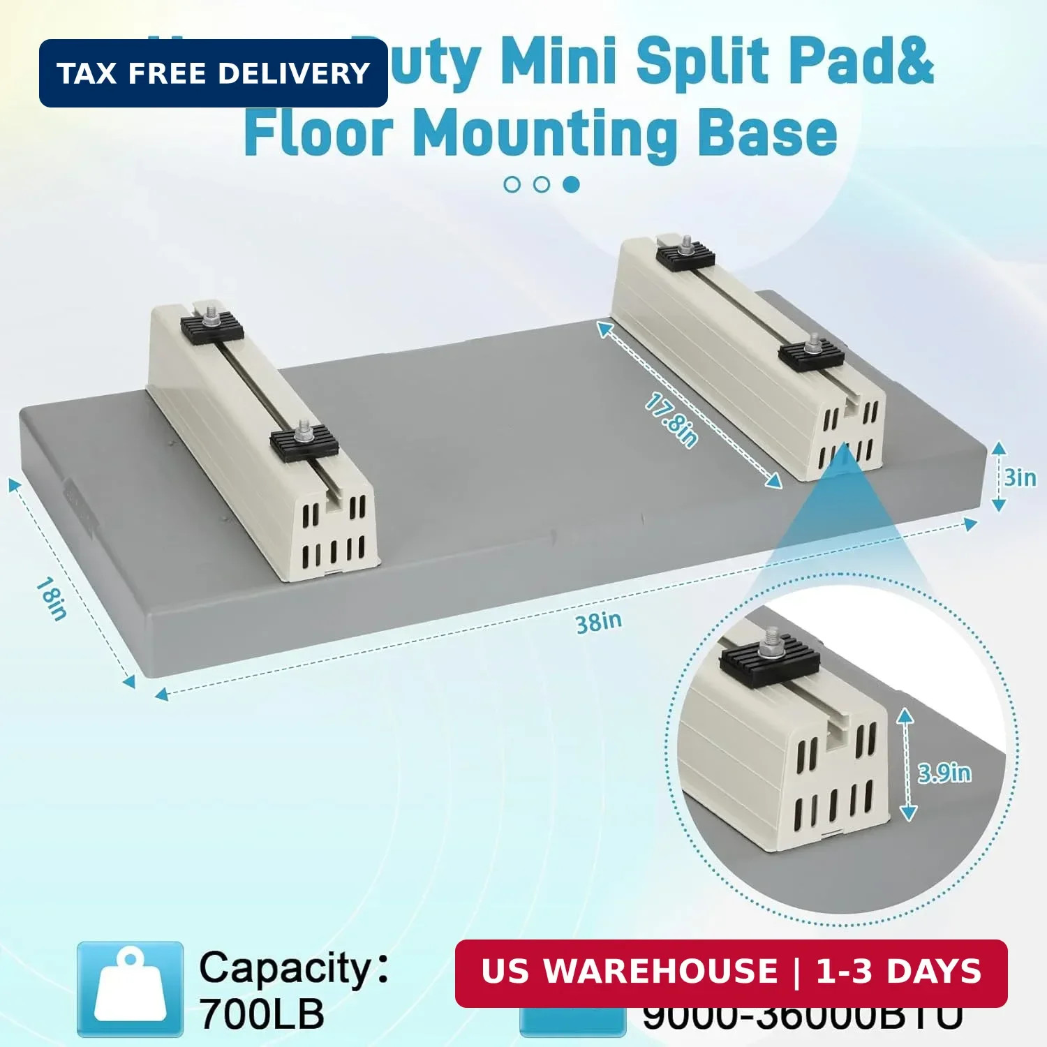 Mini Split Pad with Floor Mounting Base Kit, 38"x18"x3" Mini Split Condenser Pad