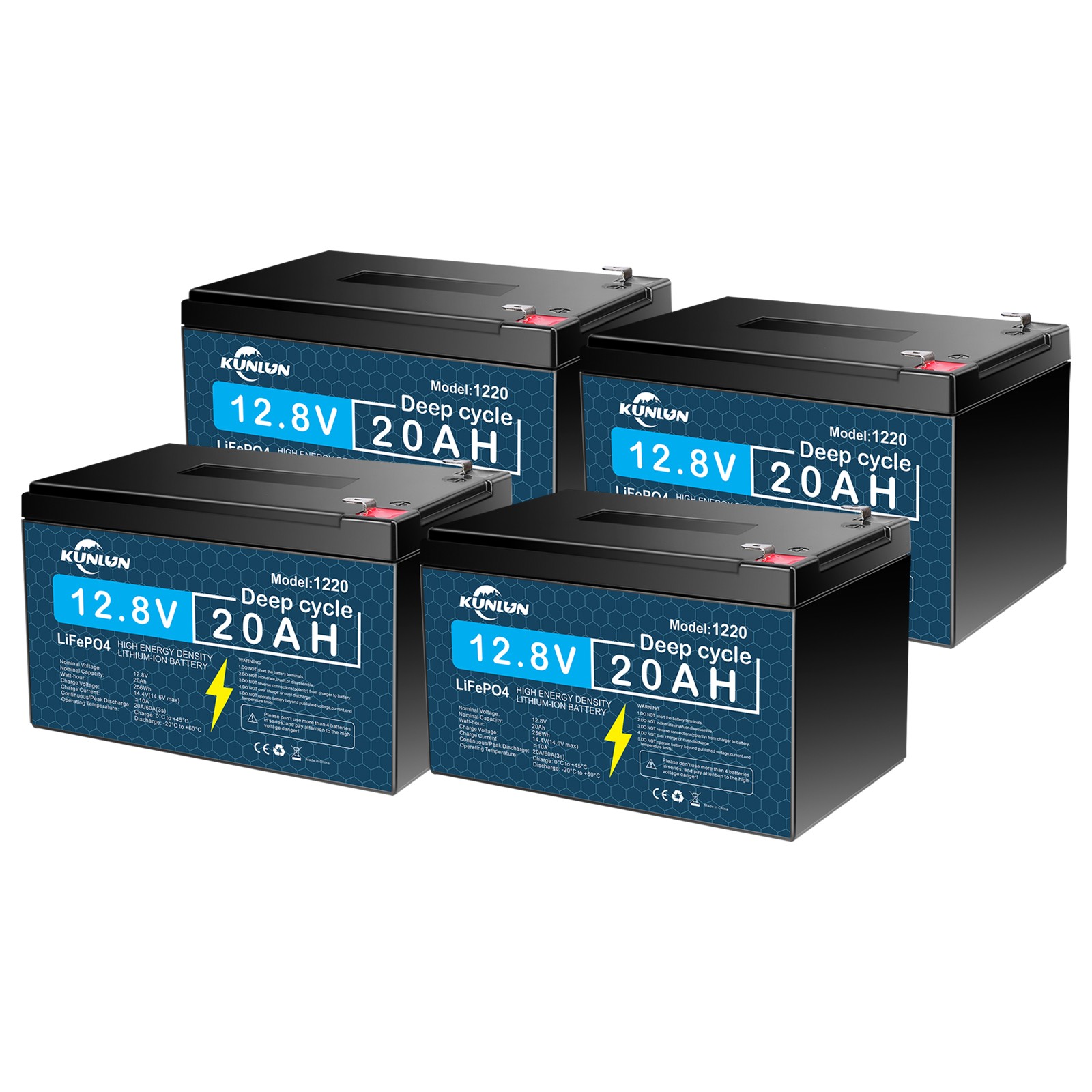 4 Pack 12V 20Ah LiFePO4 Lithium Battery, Deep Cycle, for UPS, Fish Finder