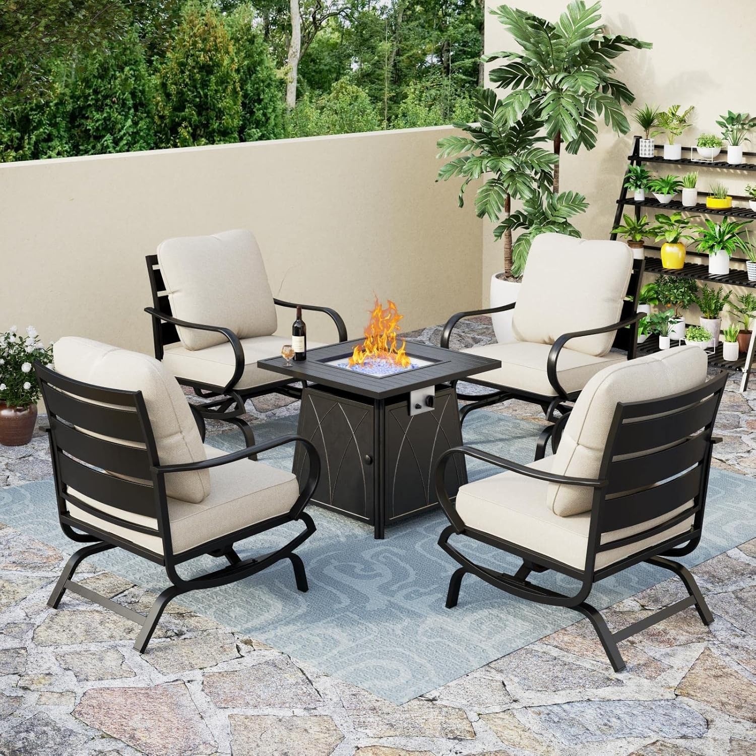 5 Piece Patio Furniture Set Garden Lawn Outdoor Set w/ Gas Fire Pit Table Heater