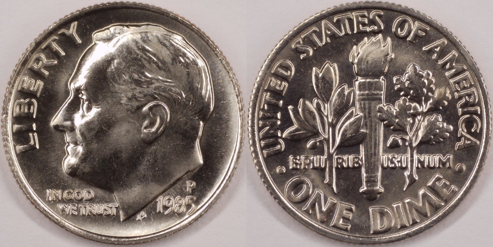 United States 1985 P 10 Cents Roosevelt Dime KM#195a Clad Torch Olive Oak Branch