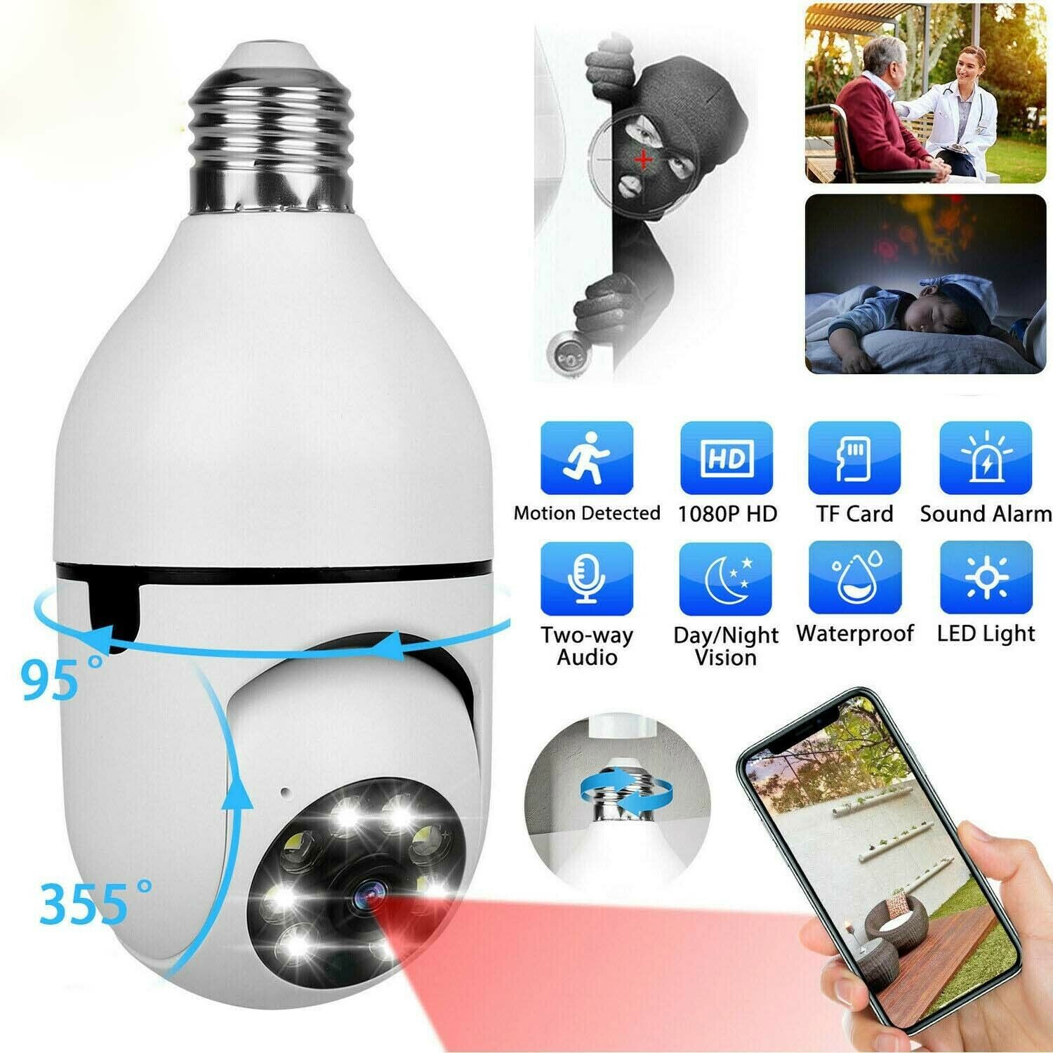WiFi 360° Panoramic Lamp 1080P Wireless E27 Bulb Camera Smart Security Home Cam