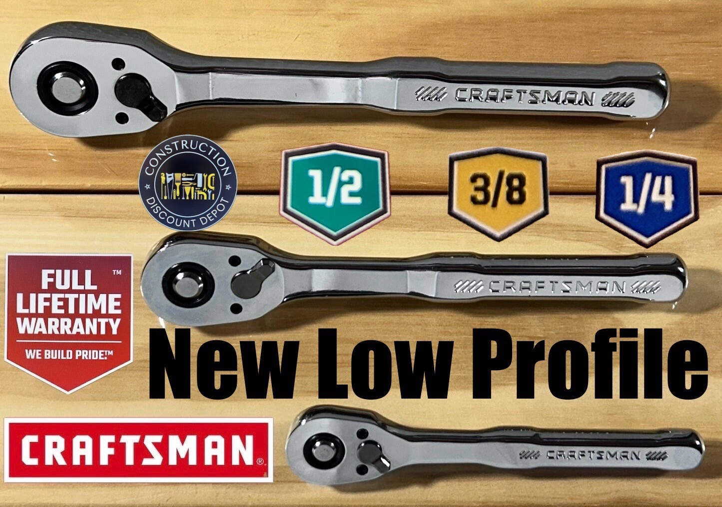 90T Craftsman 3 Piece LOW PROFILE Ratchet Socket Wrench Set 1/2" 3/8" 1/4" Drive