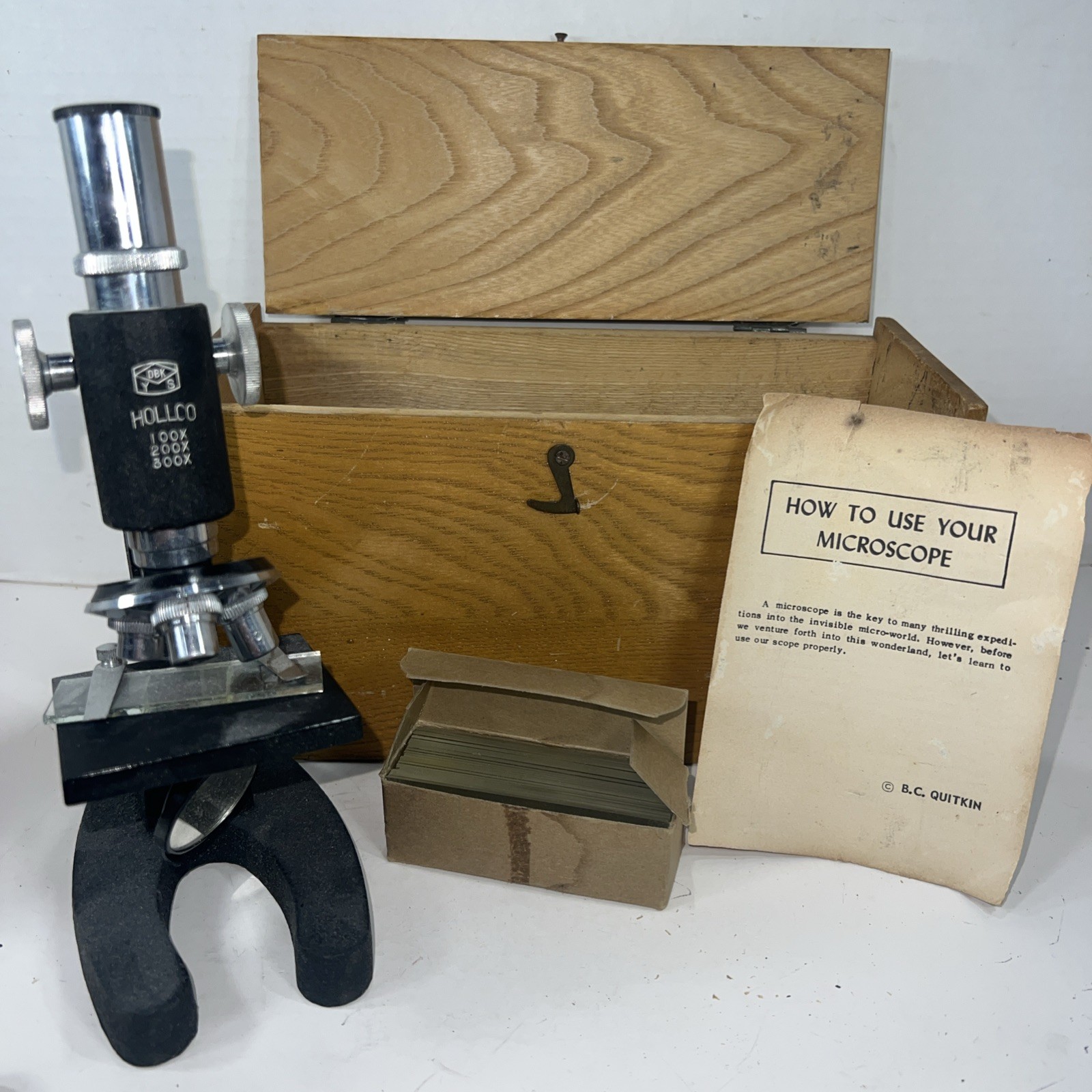 Vintage HOLLCO Microscope In Wooden Case With Slides & Instructions New York