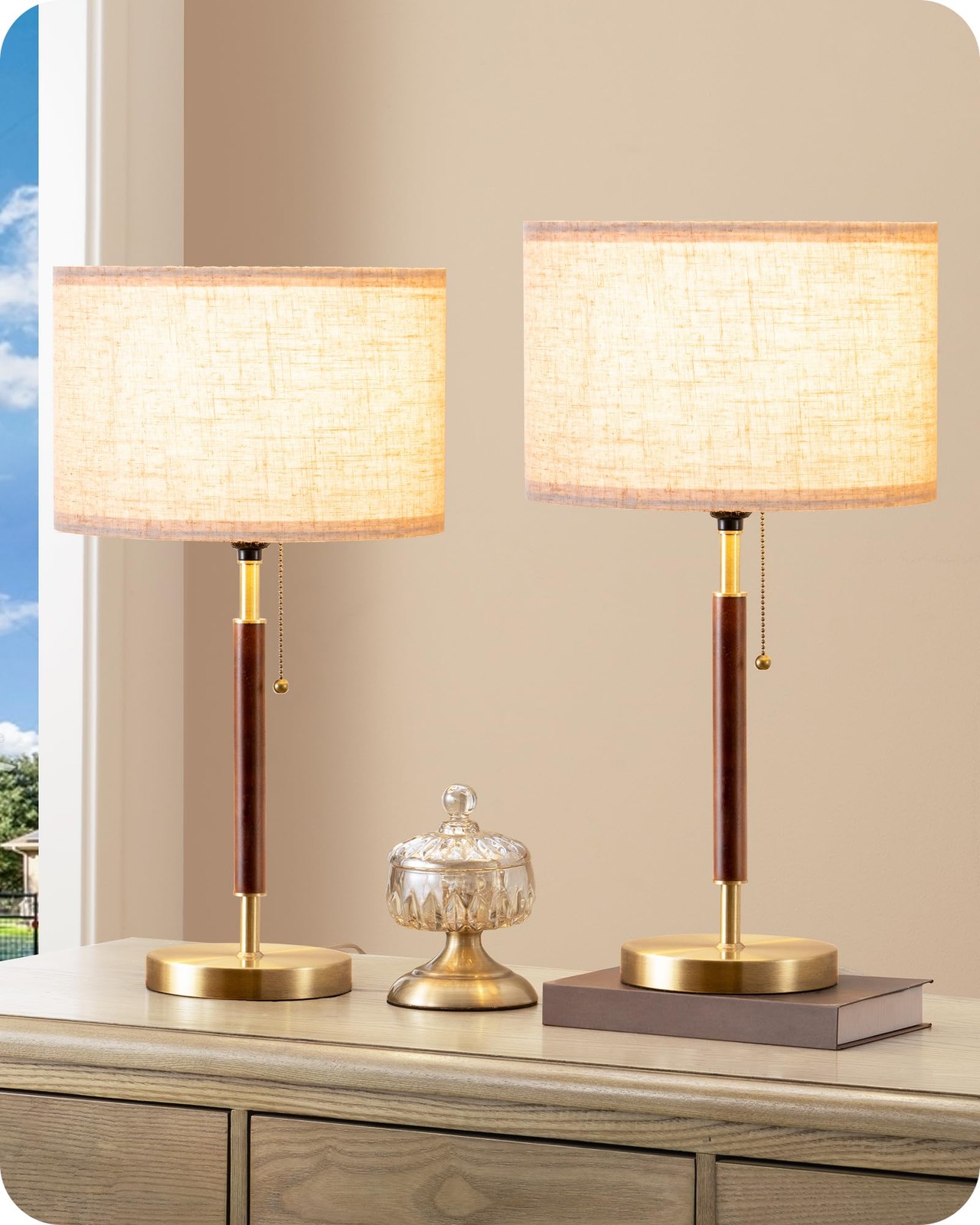EDISHINE Mid Century Table Lamp Set of 2, 21.6 x 13.39 x 17.32 inches, Gold