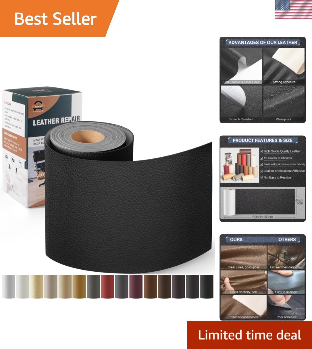 Litchi Texture Leather Repair Patch - 4"x 63" Self-Adhesive Solution