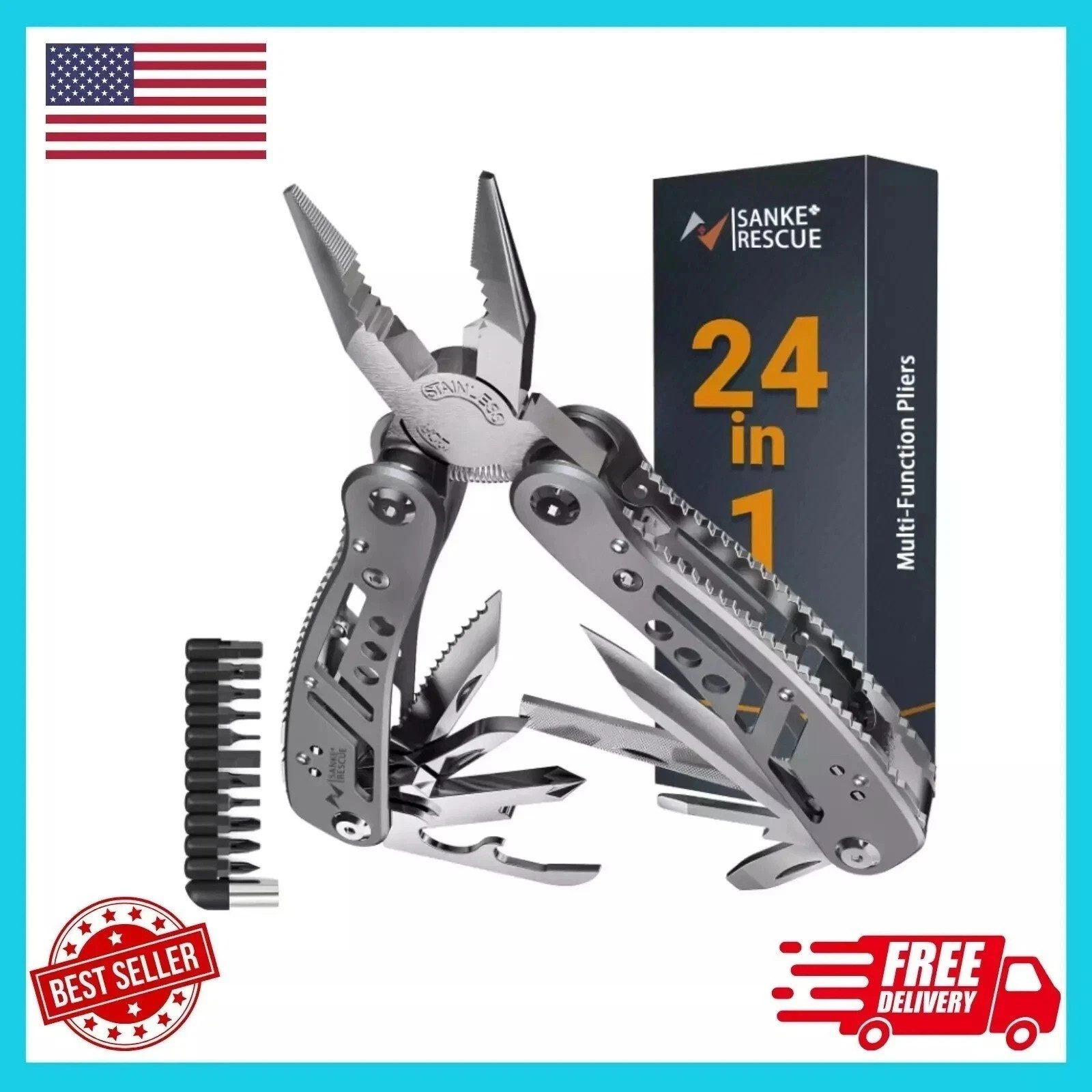 24-in-1 Portable Multitool Pliers Stainless Steel Pocket Knife w/ Sheath Outdoor