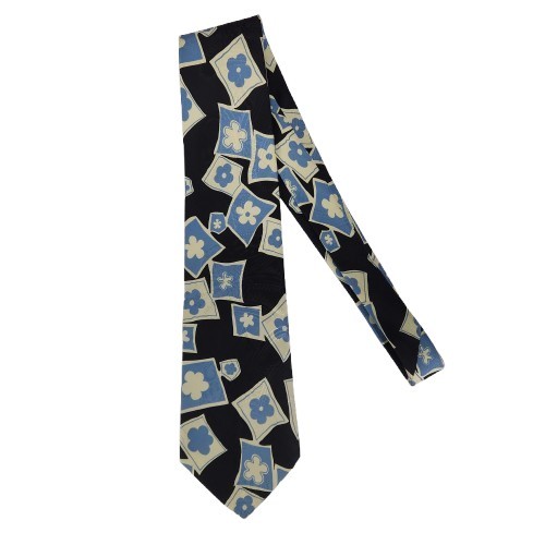 Polo Ralph Lauren Black Framed Blue White Floral 100% Silk Tie