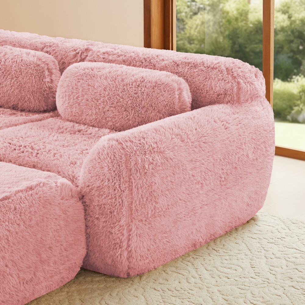 2-seater Sectional Couches Soft Fluffy Plush Fabric Bottom Anti-Slip Design Pink