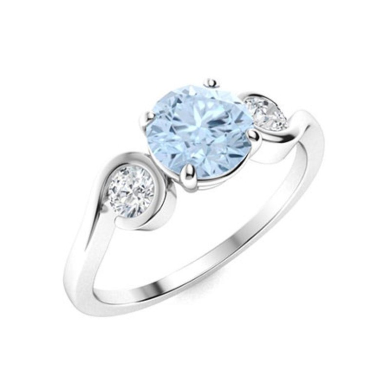 925 Silver Aquamarine Stone Prong Wedding Three-Stone New Art Deco Ring