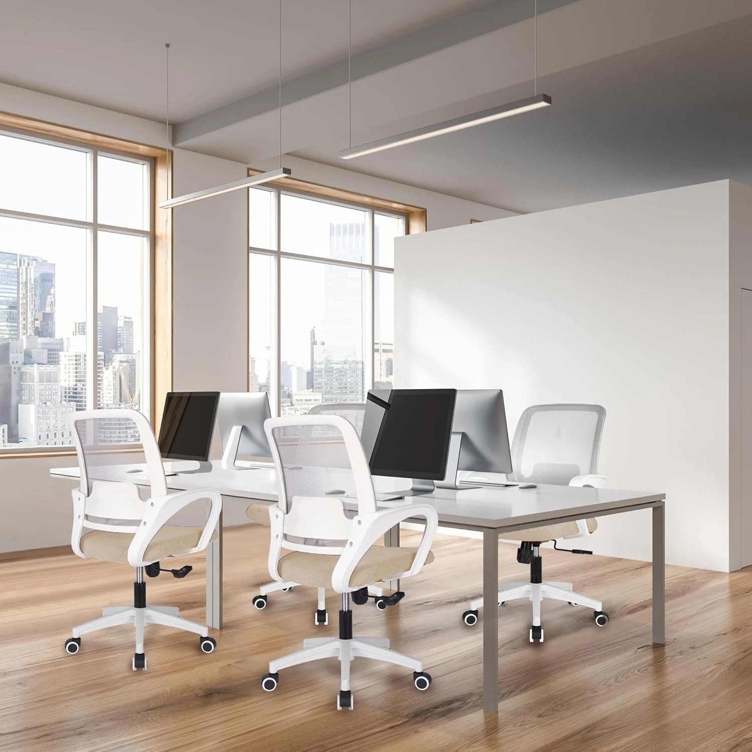 Adjustable Height Rolling Office Chair with Lumbar Support - Comfy Beige Design