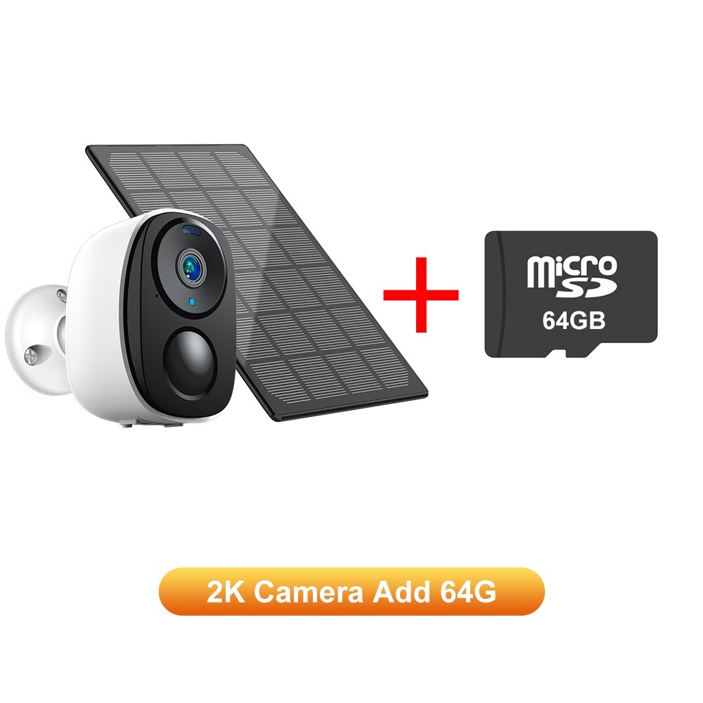 2K Solar Battery Powered Wireless Security Camera Wifi 3MP 2-Way Audio + 64GB