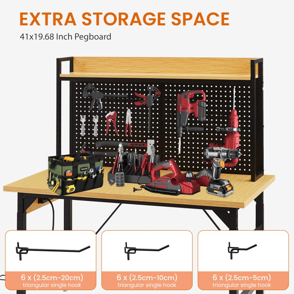 FOREOCELIV Adjustable Rolling Workbench w/ Power Outlet Pegboard Wheels 48" 71"