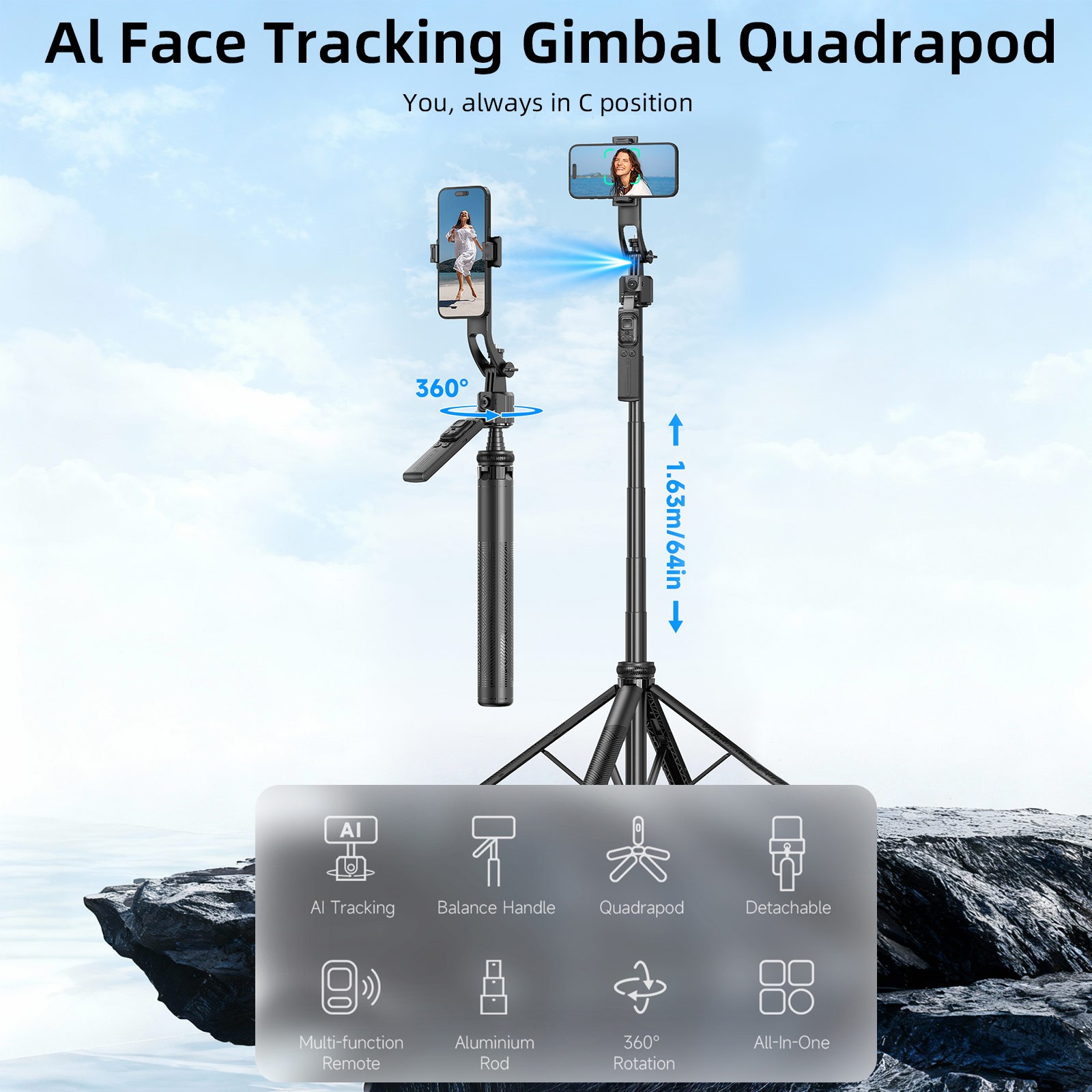 64'' Selfie Stick AI Face Tracking Tripod 360° Rotation Remote & Gesture Control