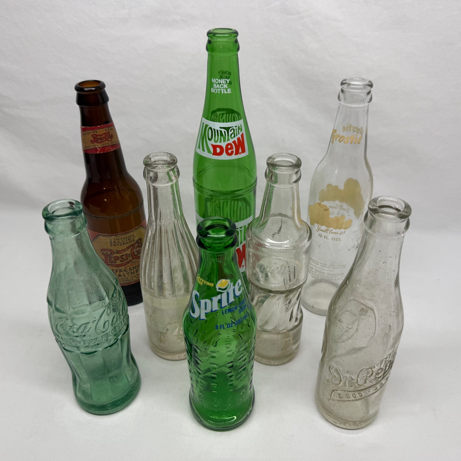Vintage Lot of Glass Soda Pop Bottles - Pepsi Cola, Mountain Dew, Frostie & More