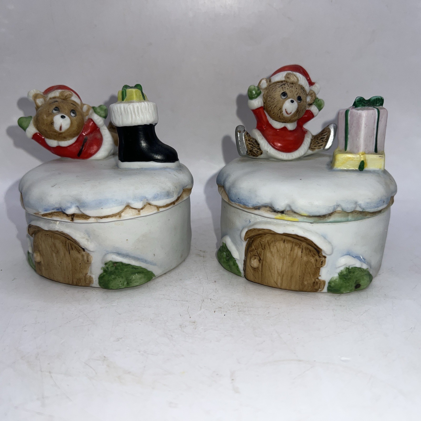 Homco Christmas Trinket Jewelry Boxes Santa Bears Ice Skaters set of 2