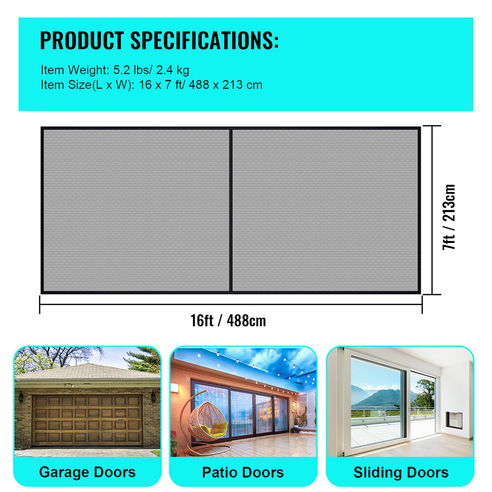 Heavy-Duty Magnetic 16x7 ft Garage Door Screen, Dual Car Access, Fiberglass Mesh